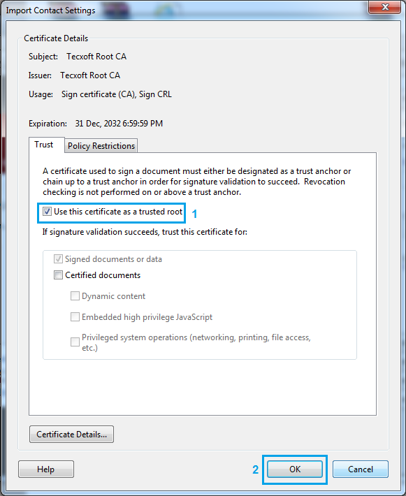 Click as trusted root certificate.