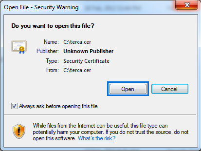 Double-click the cer file and press Open.