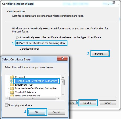 Settings on import certificate wizard.